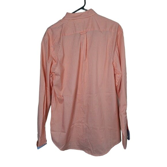 Izod Mens Collared Shirt Button Down Up Peach Orange Check Medium Blue Cuff - Picture 3 of 8